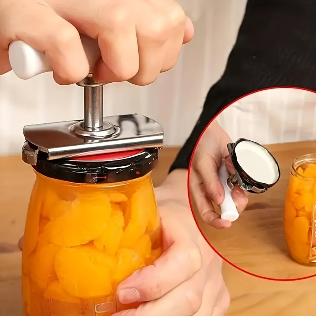 Hands using the Gripvi jar opener to lift the lid off a jar